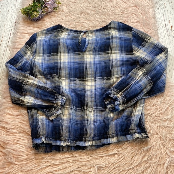 Bella Dahl Blue Plaid Shirred Elastic Waistband Top sz S - Picture 9 of 9